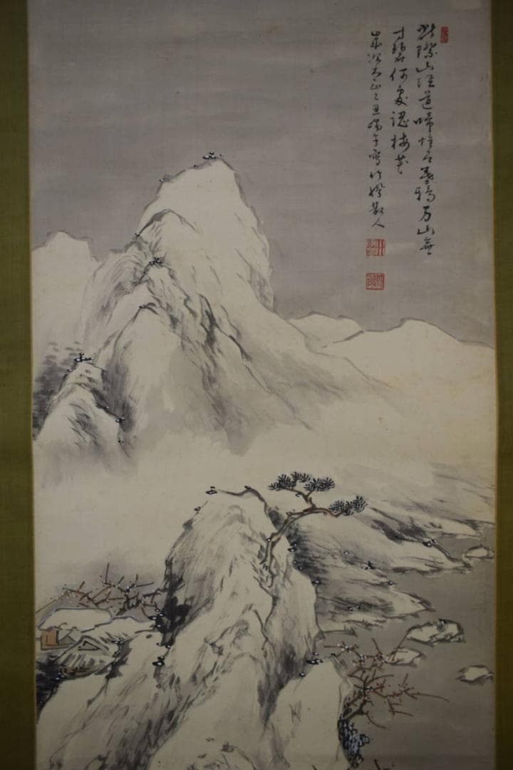 真作/小川竹鳳/梅花雪景山水人物小舟画賛/布袋屋掛軸HJ-235 | 激安通販