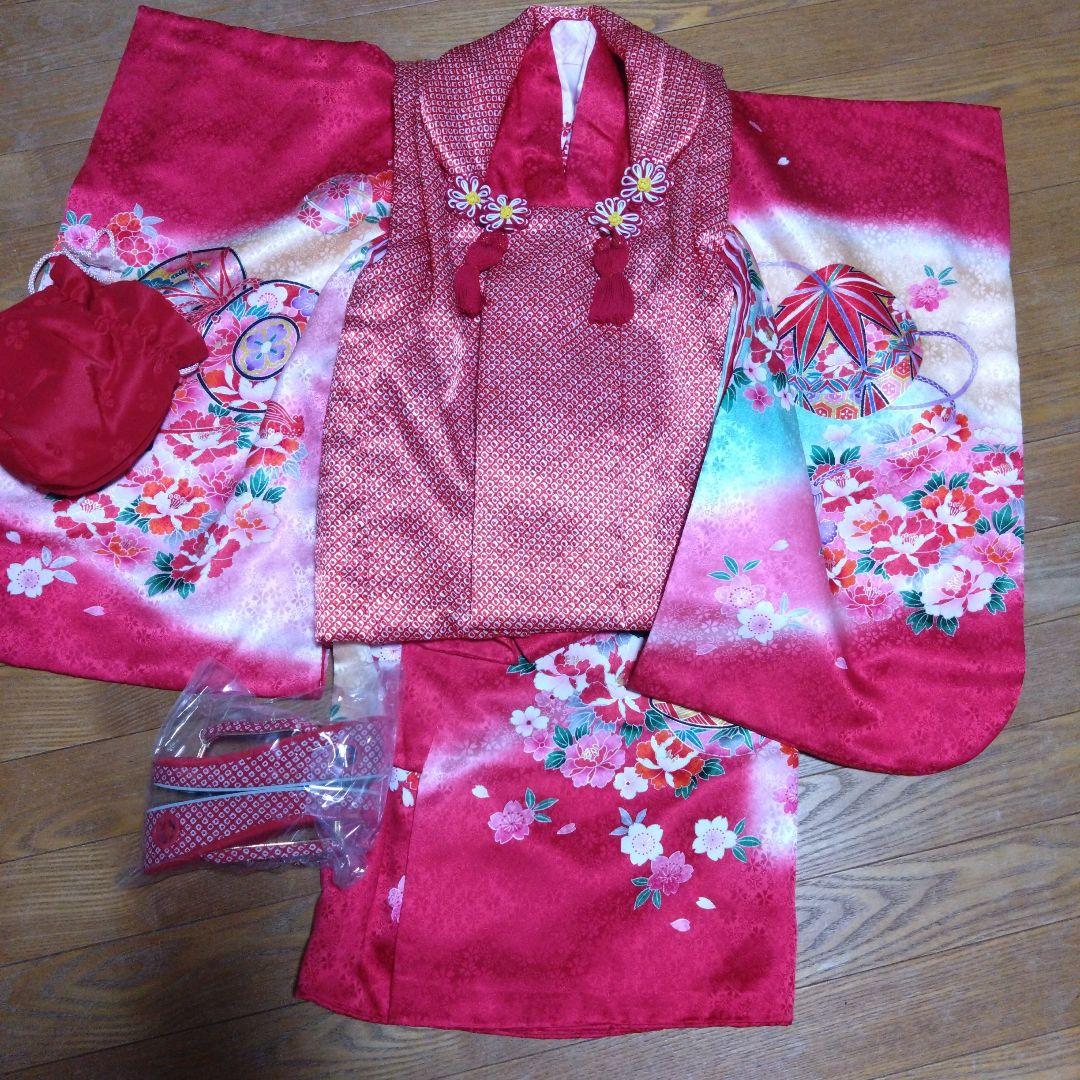 三歳★被布＆正絹花柄着物＆刺繍長襦袢＆小物 七五三 3歳 着物 セット 女の子 被布セット 正絹 刺繍柄の被布コートと