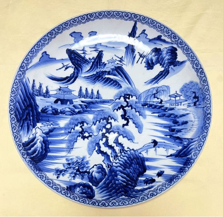 有田焼 山徳窯 染付山水絵 超大皿 飾り皿 直径約45.8センチ 古美術品