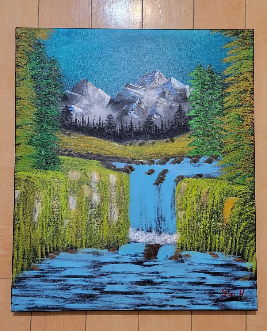 Valley waterfall 風景画 油彩画 額縁 肉筆 - 置物正規 品