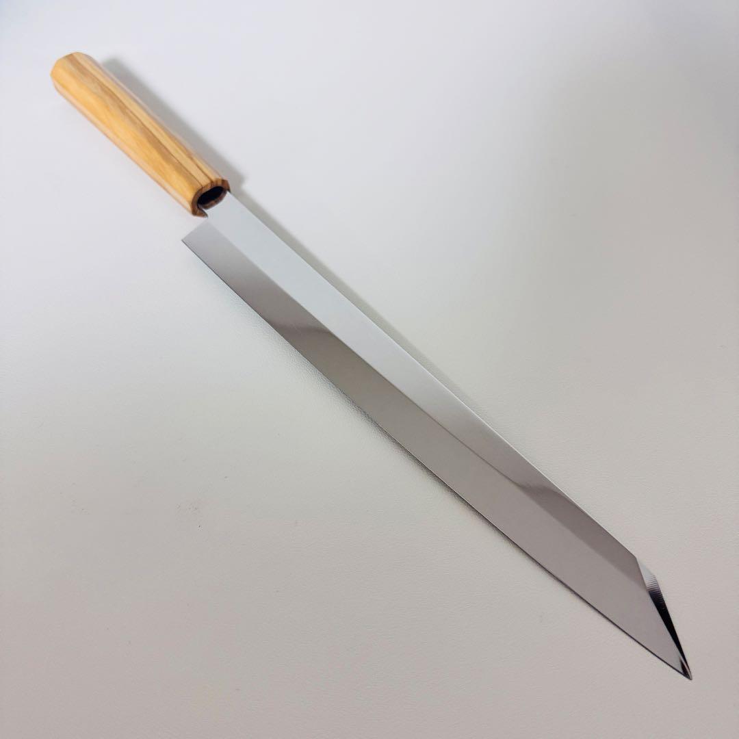 270mm 切付柳刃包丁 鏡面　オリーブウッド八角柄 刺身包丁 全鋼 和包丁 楽天市場】切付柳刃包丁 9寸（刃渡り270mm）通常鏡面仕上げ 本刃付け