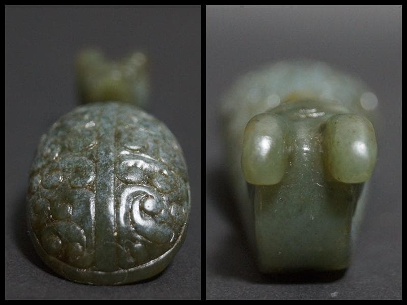 古代 和田玉(ホータン)細工彫り 龍首帯勾 根付 緒締玉 提げ物 装飾品