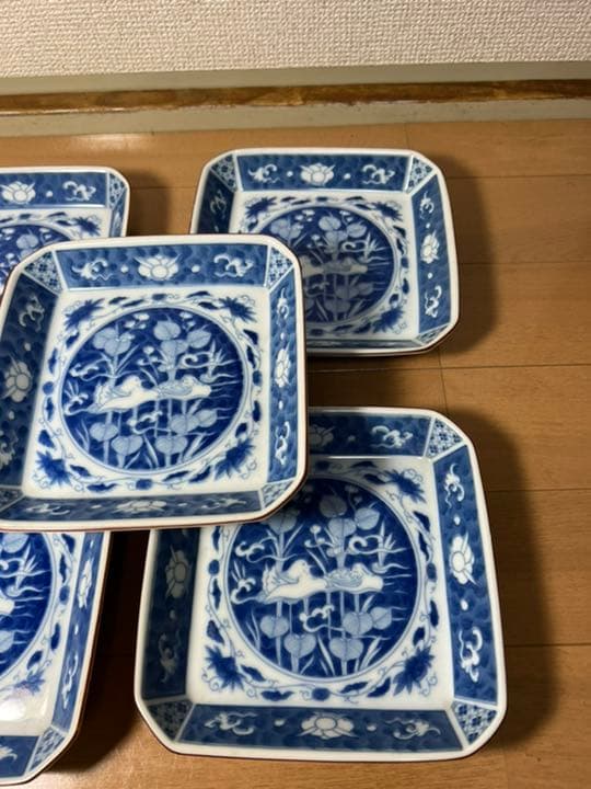 329 深川製磁 時代物 角皿セット 染付オシドリ 6客 古美術品