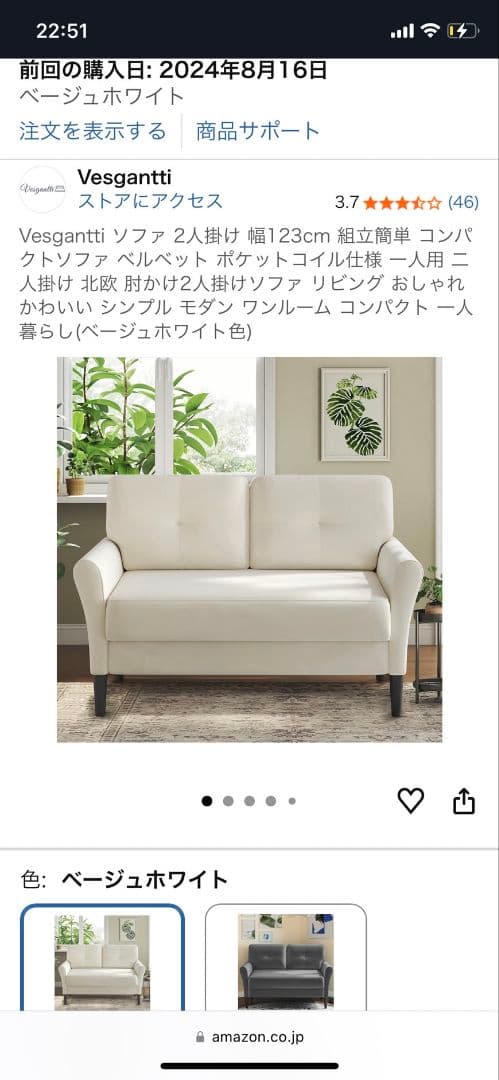 Vesgantti ホワイト 2人掛けソファ Amazon｜Vesgantti ソファ 2人掛け 幅123cm 組立簡単 コンパクトソファ