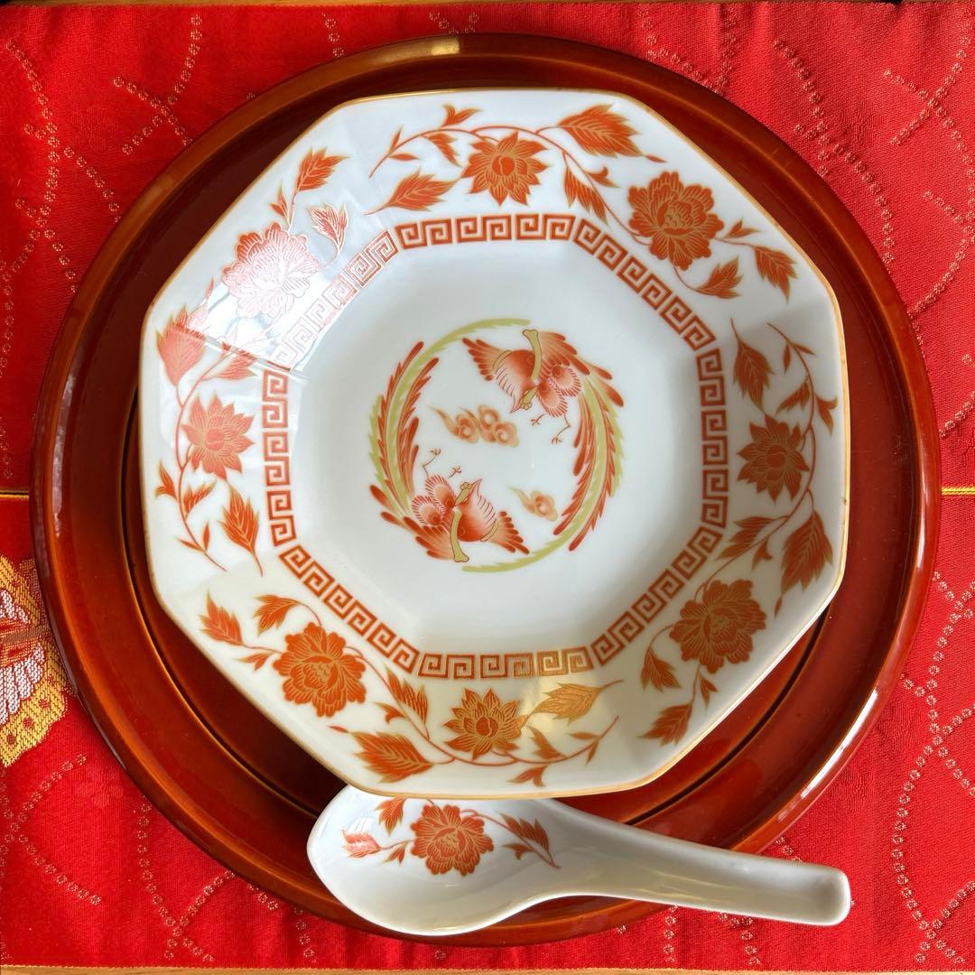 未使用品】ナルミ 鳴海 中華皿セット 鳳凰 レンゲ付ラーメン鉢・八角皿