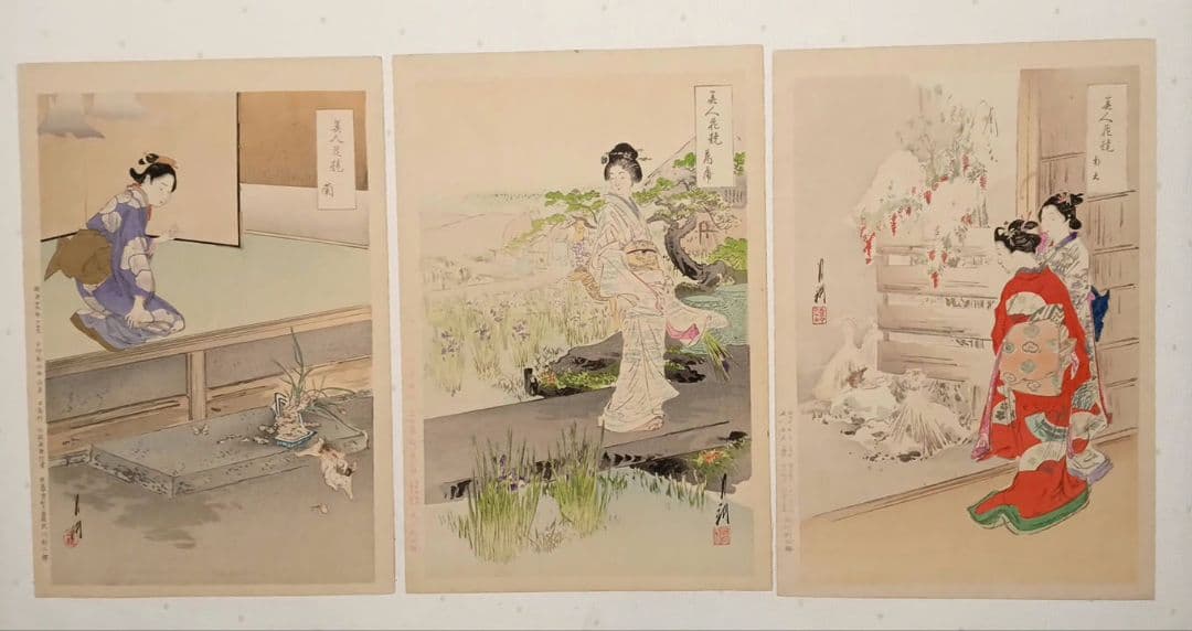 浮世絵版画、美人花競（全24枚揃い目録付き画帖崩れ) 尾形月耕画明治20
