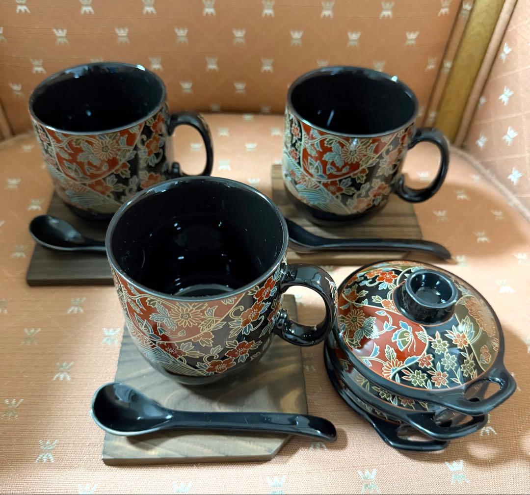 美濃焼】謙山窯 金彩 蓋付 スプーン付 台付 茶碗蒸し碗 3客セット