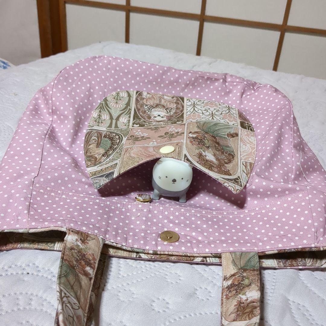 専用…ミュシャ風猫柄…猫インド刺繍付き トートバッグ…アンテークピンク系