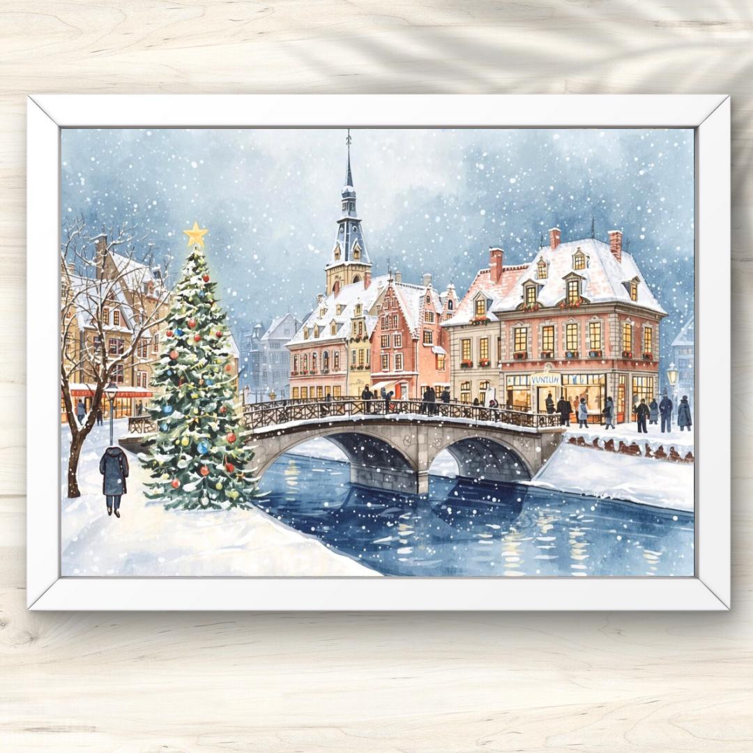 A4 ヨーロッパの雪降る街並みに灯るクリスマス風景画アート インテリア