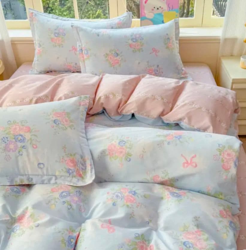 新品☆水色にパステル玉薔薇ブーケリボン柄 シングル掛け布団カバー枕