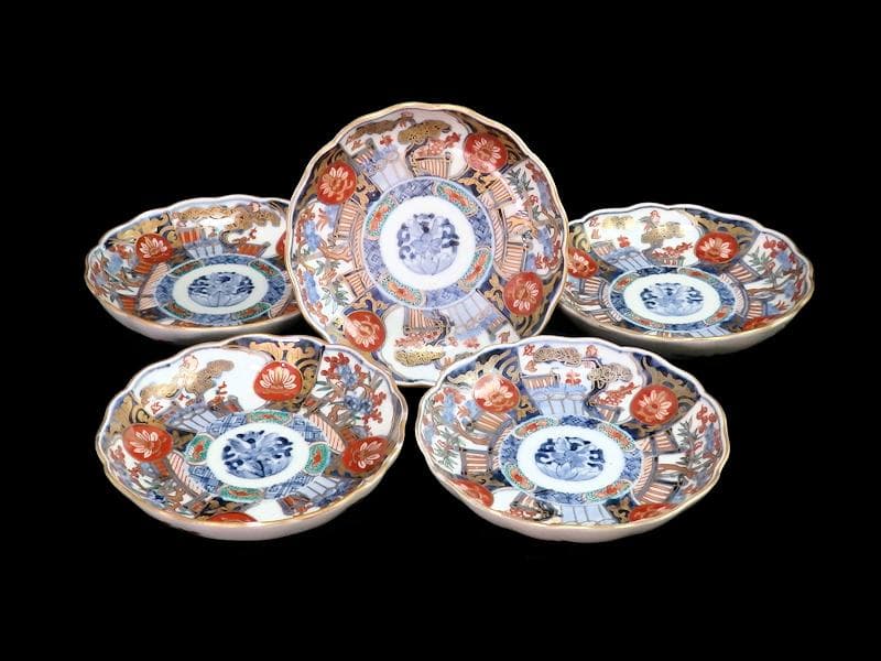 古伊万里　金襴手　花鳥紋に松竹梅の図　４寸皿　５枚　C071AS-CQj 古伊万里 金襴手 牡丹に松竹梅図 4寸皿 5枚セット