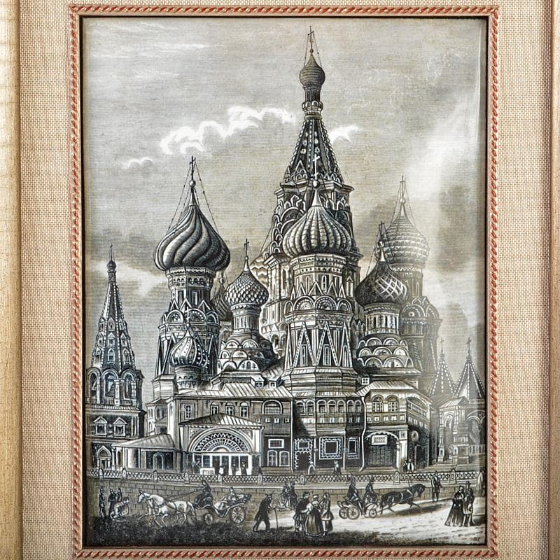 西洋美術 19世紀後半 聖ワシリィ大聖堂図 ロシア製 七宝絵 額装 VR5956
