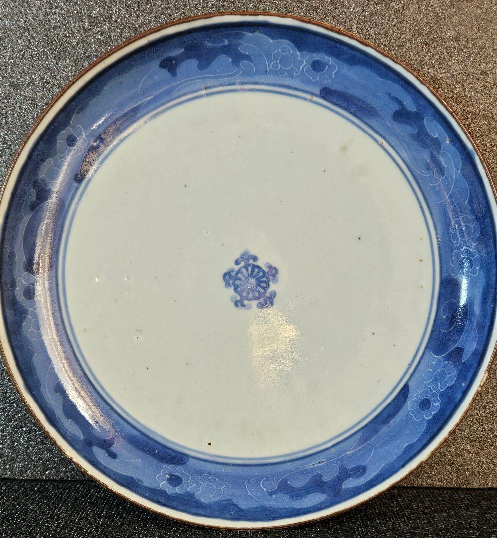江戸時代中期～後期 古伊万里 染付 墨弾き技法 花流水文 五弁花20.0cm