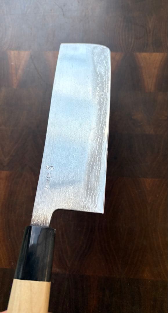 本家 稲葉屋 ダマスカス 墨流し 菜切 165mm 包丁 和包丁 白鋼 水牛朴柄