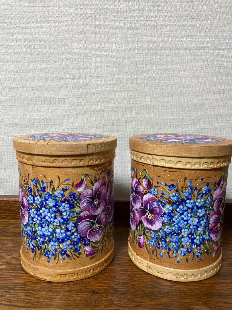ロシア雑貨☆白樺工芸ベレスタ『パンジーと勿忘草』キャニスター2個