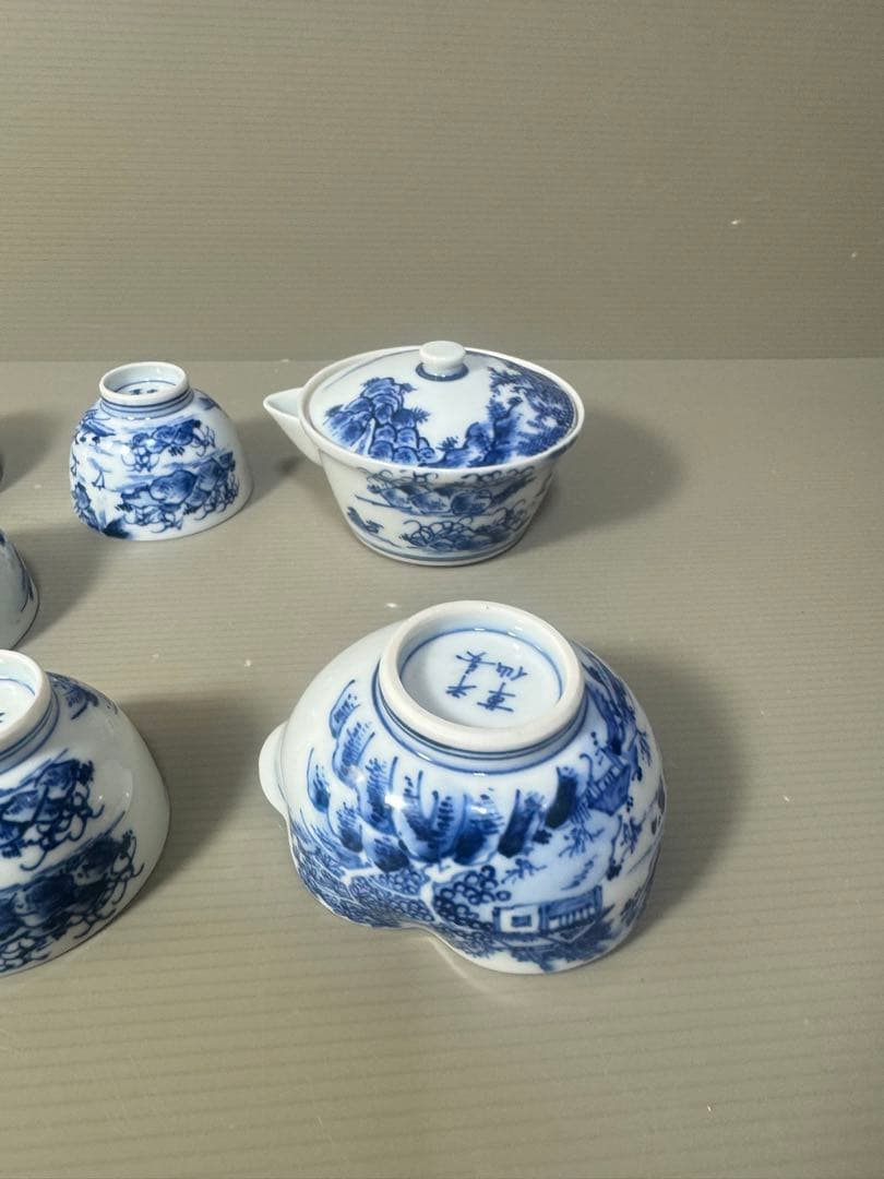 2334 平安草仙染付青花茶器セット宝瓶1客湯冷し1客湯呑5客鉢付き