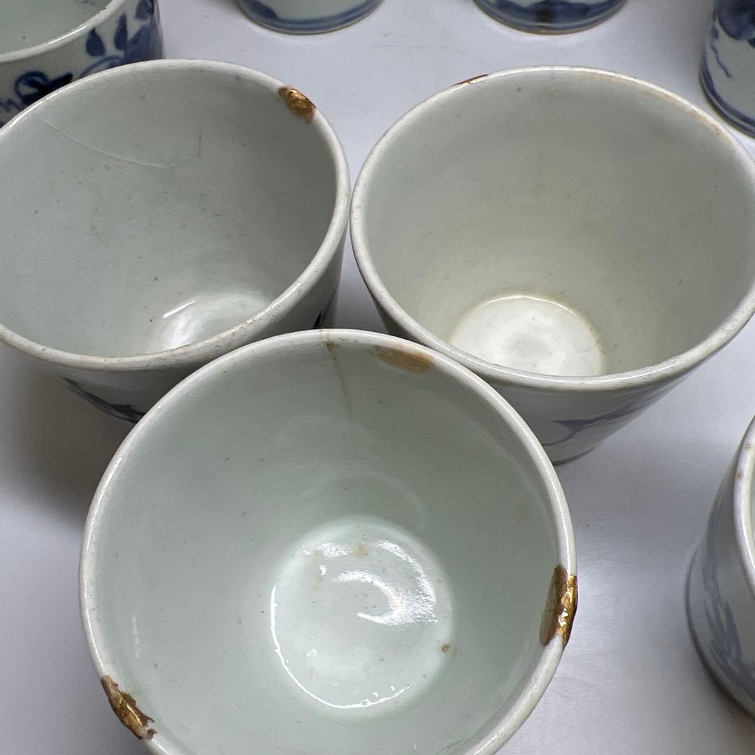 江戸初期 初期伊万里厚底蕎麦猪口9客 口径約7㎝ 東Y7-1003☆2Fトヒチ