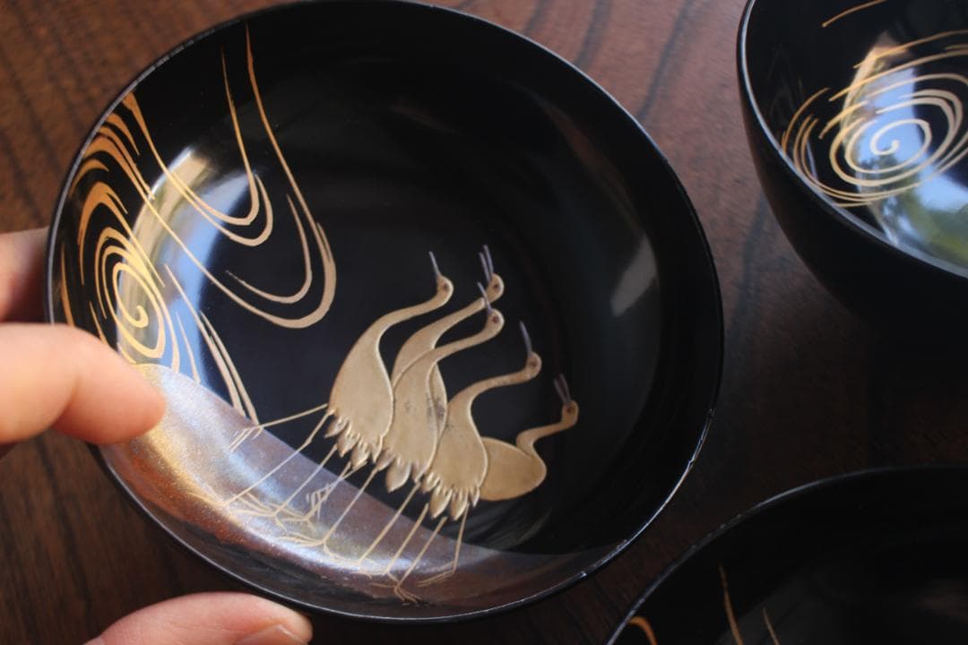 時代逸品！端正な黒漆に優美な光琳鶴蒔絵の映えるお椀2点（検輪島塗
