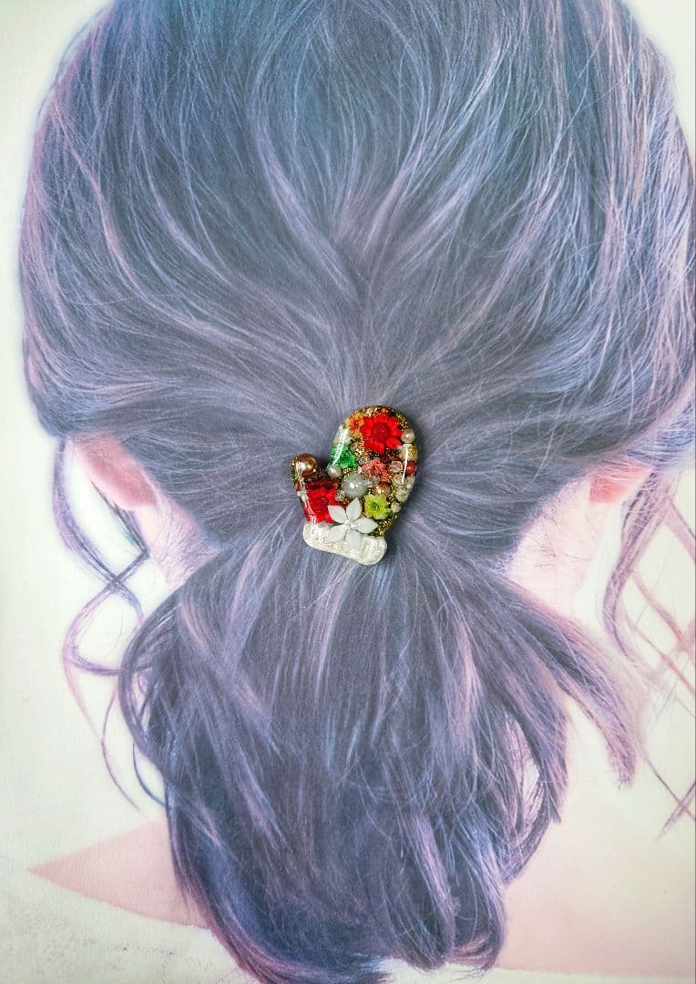 レジン 猫 ドライフラワー ヘアゴム ブローチ ポニーフック No.387
