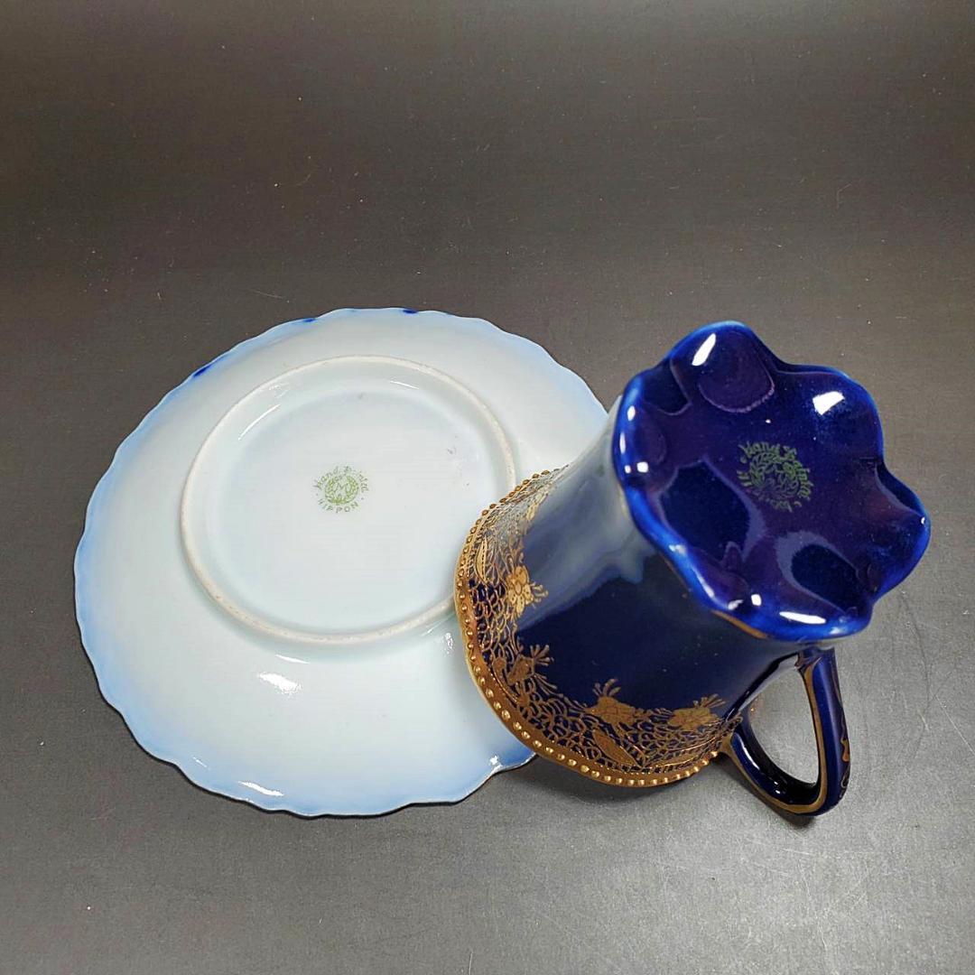 初期オールドノリタケ メープルリーフ印 金盛上藍線帯華装飾紋 カップ