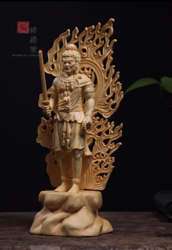 修縁堂】一刀彫 不動明王立像 木彫り 仏像 彫刻 仏教工芸品 天然木檜材