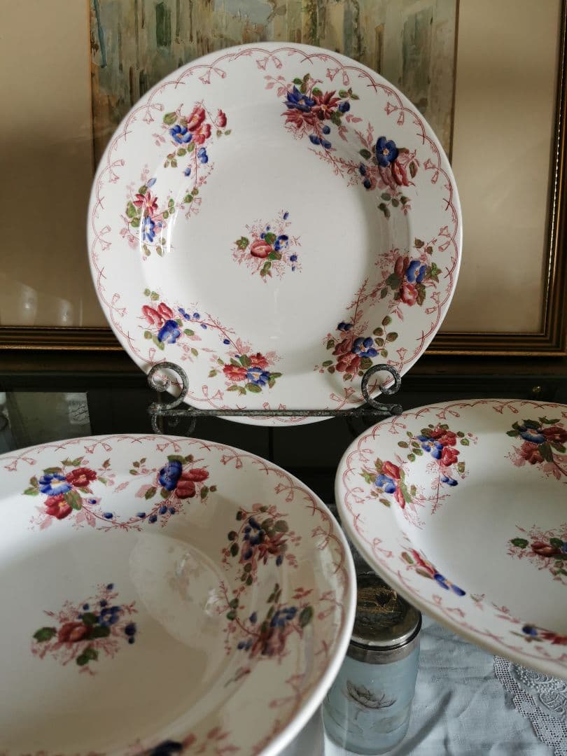 アンティーク サルグミンヌ 花柄φ24.3㌢ディープ大皿 美しい深皿３枚セットβ SARREGUEMINES Plate / サルグミンヌ ディープ大皿 フランス