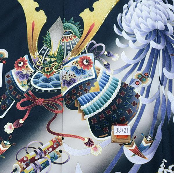 七五三 五歳 男児 羽織袴フルセット 黒地 兜 菊 袴変更可能 NO38721