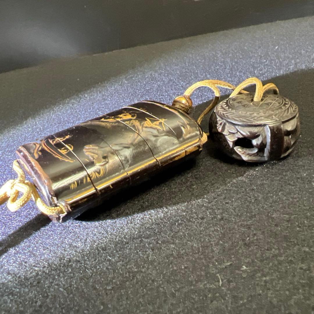 江戸時代 蒔絵木彫五段印籠、透彫木彫根付 43g 東Y8-0109☆2Fタルチ