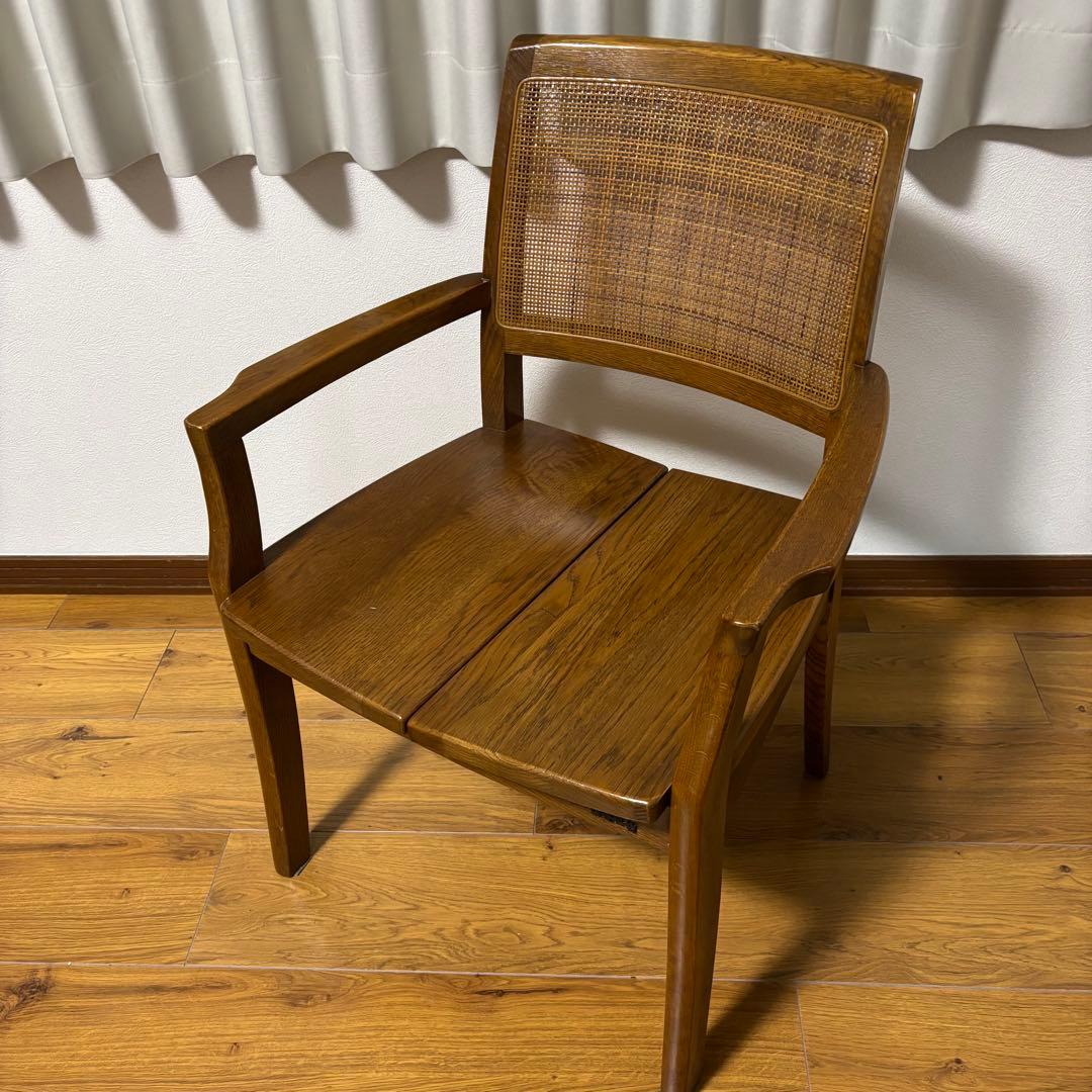 【希少品】浜本工芸　シングルチェア　ダイニングチェア　ラタン　肘掛けあり 浜本工芸 ダイニングチェア（肘付き）「DA-7004」オーク材ナチュラル色