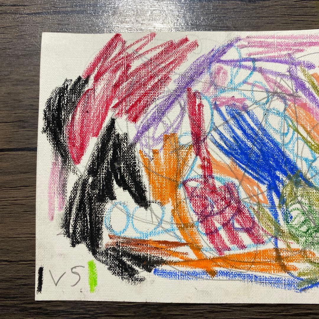 クレヨン画 「VS」抽象画 148×100mm 上質紙サイン有 子供が描いた絵