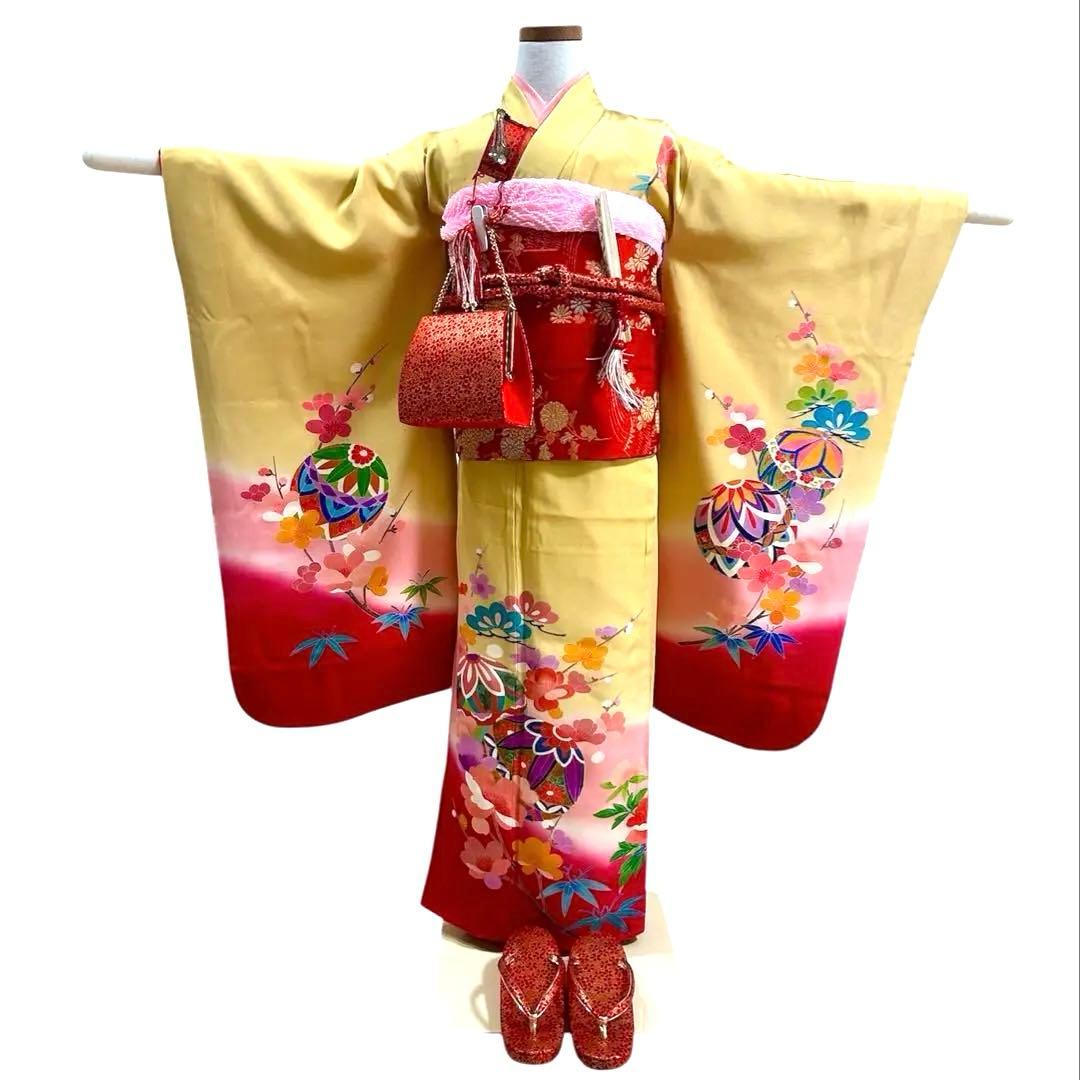 着物　七五三　7歳　女の子　13点　フルセット　黄色　手毬　花文　吉祥文様 SOUBIEN（創美苑） 七五三 着物 7歳 正絹 着物セット 七才 紅一点 山吹