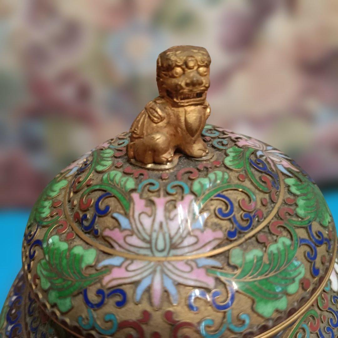 中国美術 七宝焼（景泰藍）金獅子香炉.沈香壺 昭和レトロアンティーク