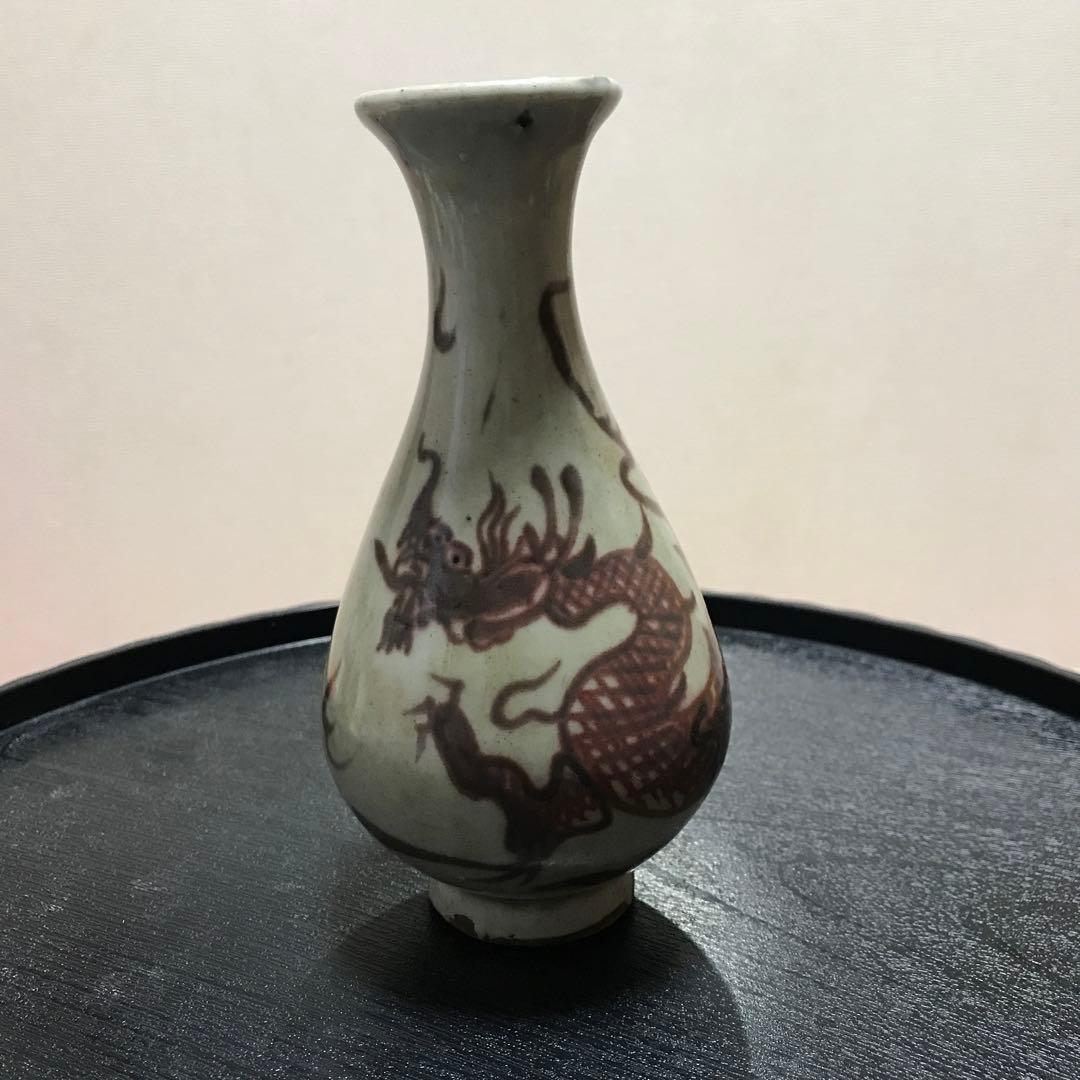 骨董品　中国美術　龍紋　花瓶 中国美術工芸品 骨董品 堆朱 龍 竜 花 彫刻 赤壺 壺 飾り壺 花器 花瓶