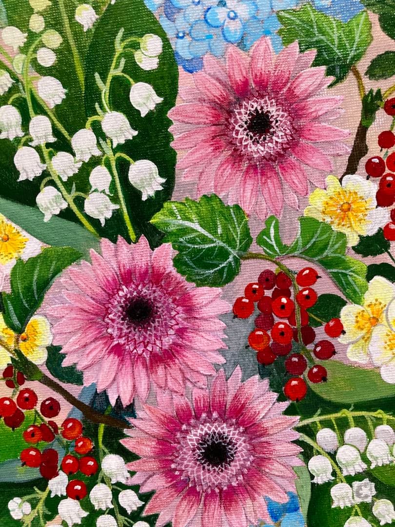花の絵 アクリル画 原画「スズランとスグリの実のあるアレンジ」30cm