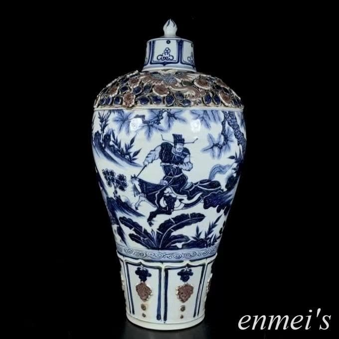 中国古美術✦青花釉裏紅捏花蕭何月下で韓信を追う梅瓶✦文房具・純手描き・陶芸・花瓶 元青花蕭何月下追韓信図梅瓶_百度百科