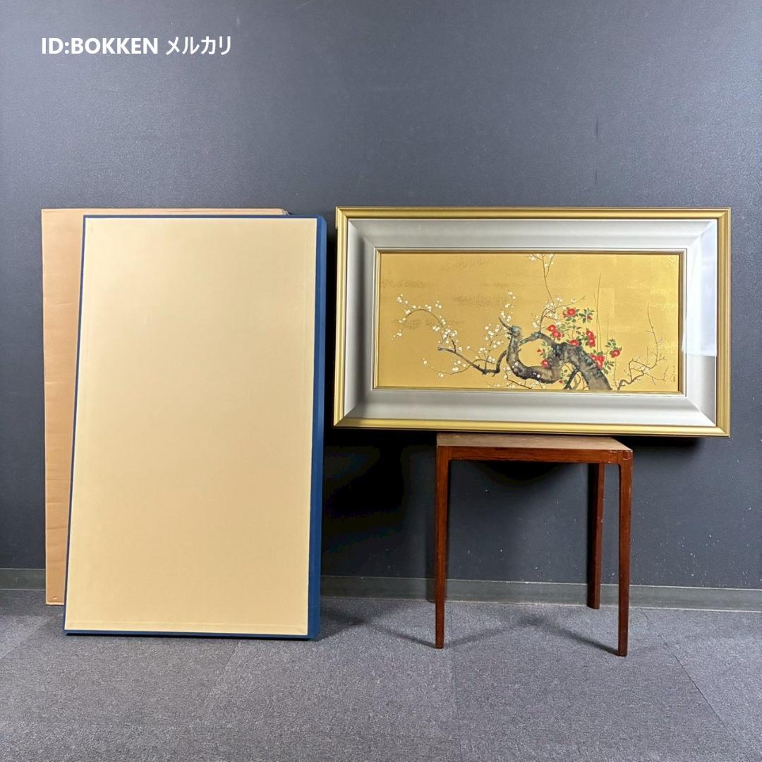 美品 鈴木其一「梅椿図屏風」工芸品 額縁入り 琳派 名画 和風 骨董