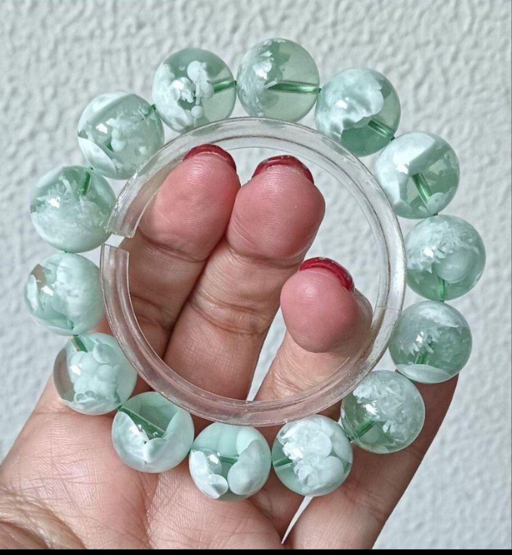 超超超希少石‼️グリーンラリマー約14mm内径約17センチ 雪花