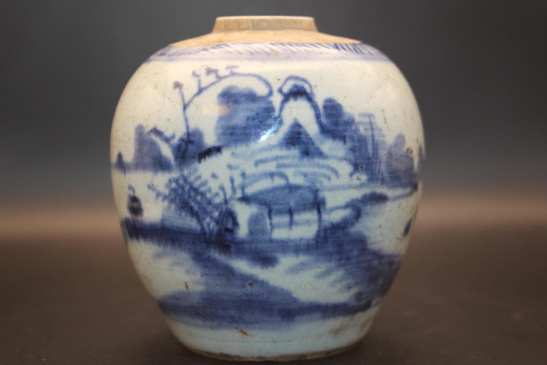 海】古染付 清中期 人物山水絵小壺 本物保証！ 骨董品 時代品 美術品