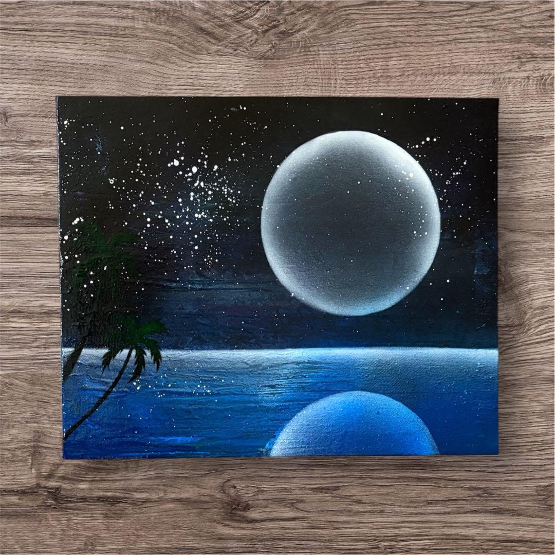 357】スプレーアート 風景画 夜の海 満月 水面 南国 星空 ヤシの木