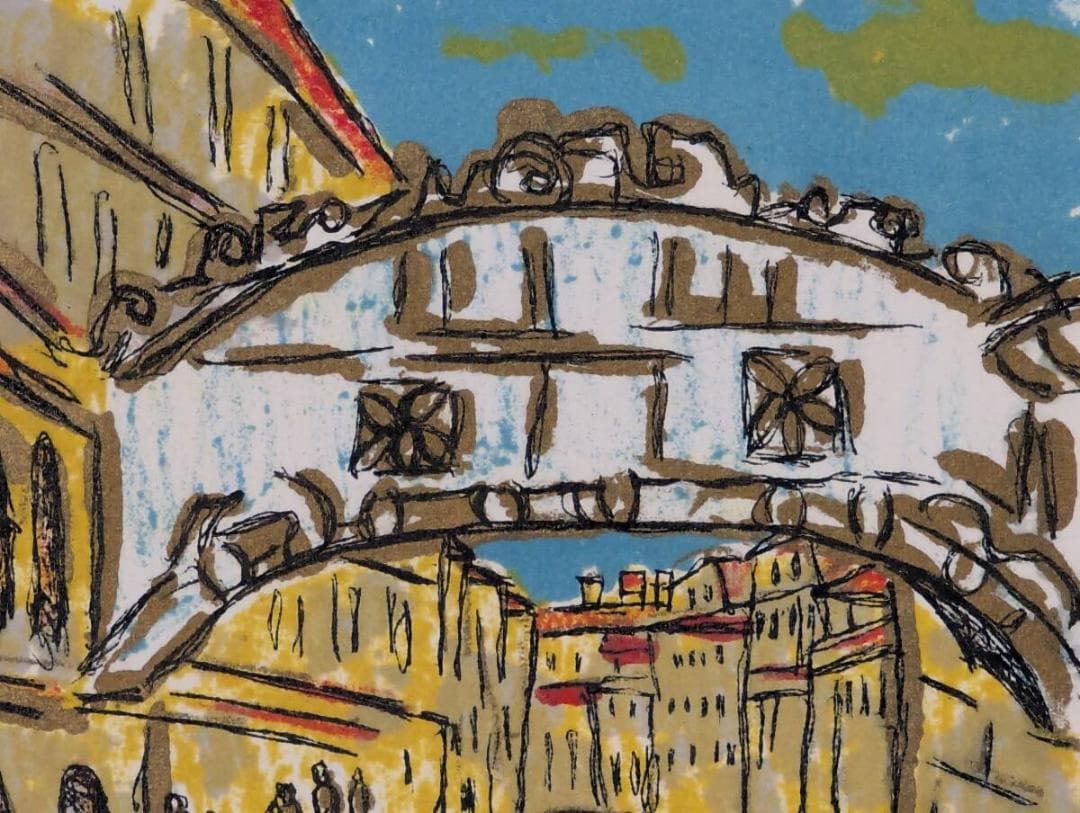 真作】版画 リトグラフ ヴェネツィアのゴンドラと橋 運河風景版画 Y160