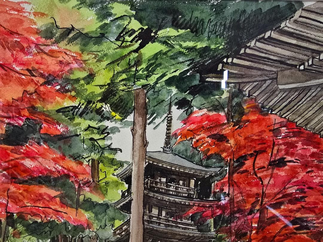 M▽野々村晃 水彩 絵画 額縁 紅葉 寺 (38227) 美術品・アンティーク