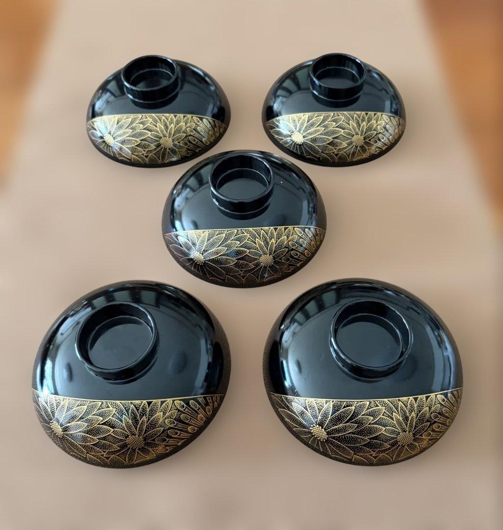 漆器（樹脂製）椀 黒 花模様 金色装飾 蓋のみ5個セット - メルカリ