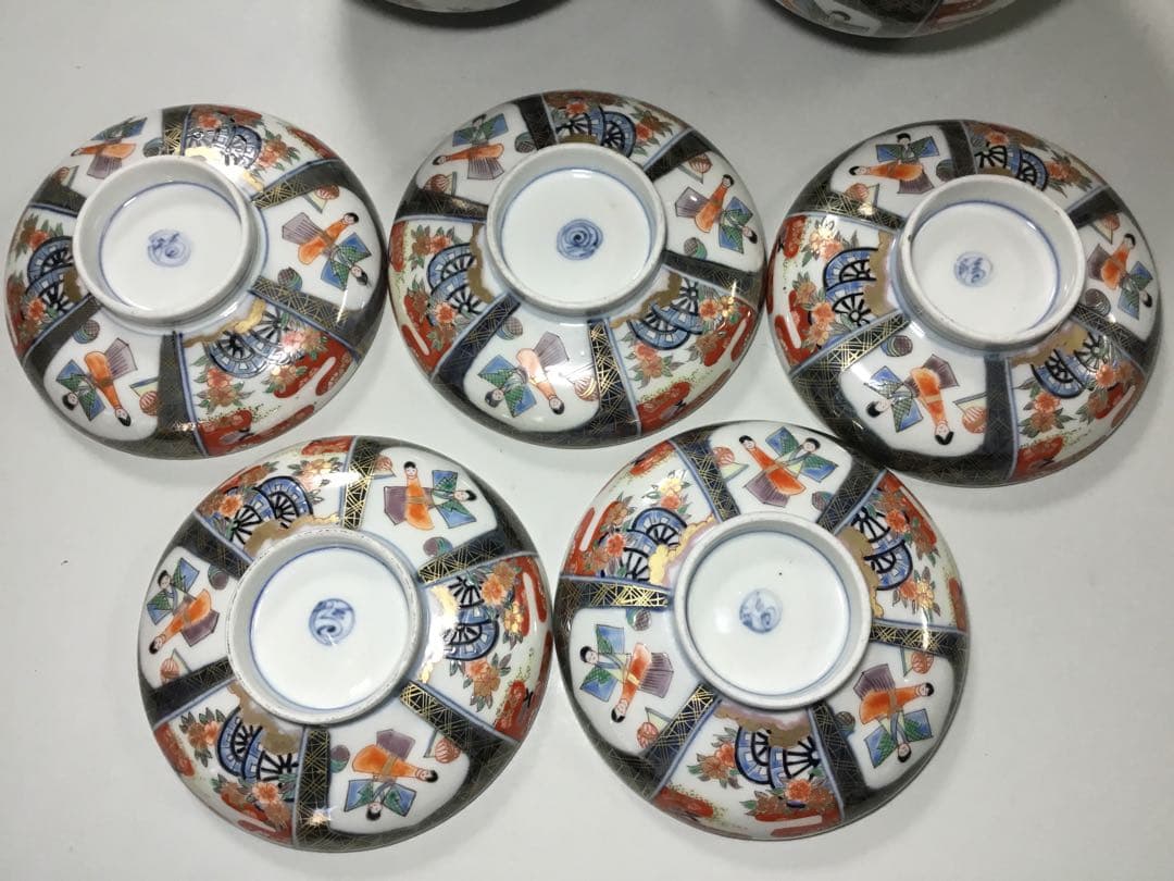 古伊万里◇雛人形文 / 蓋茶碗5客◇染錦 立雛 雛道具