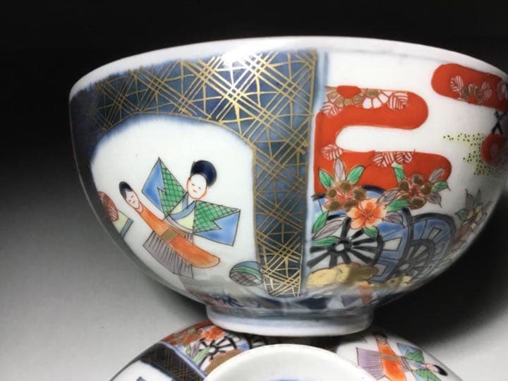 古伊万里◇雛人形文 / 蓋茶碗5客◇染錦 立雛 雛道具
