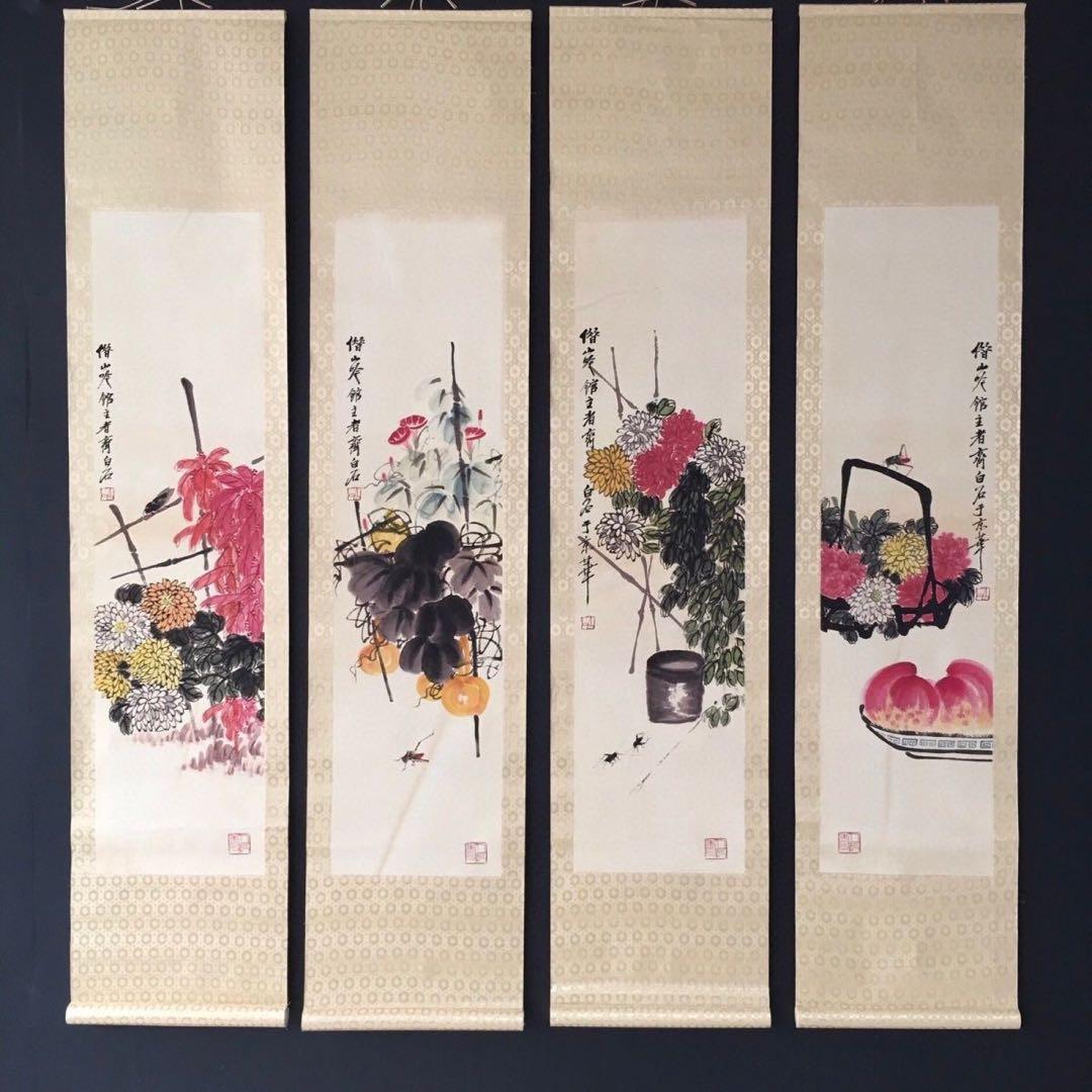 【斉白石・四条屏】「仙桃祈寿」掛軸セット　表装済み／全体163×38cm かけ軸「白拍子（しらびょうし）」 – Shop of Hokusai ｜ 北斎館ネット