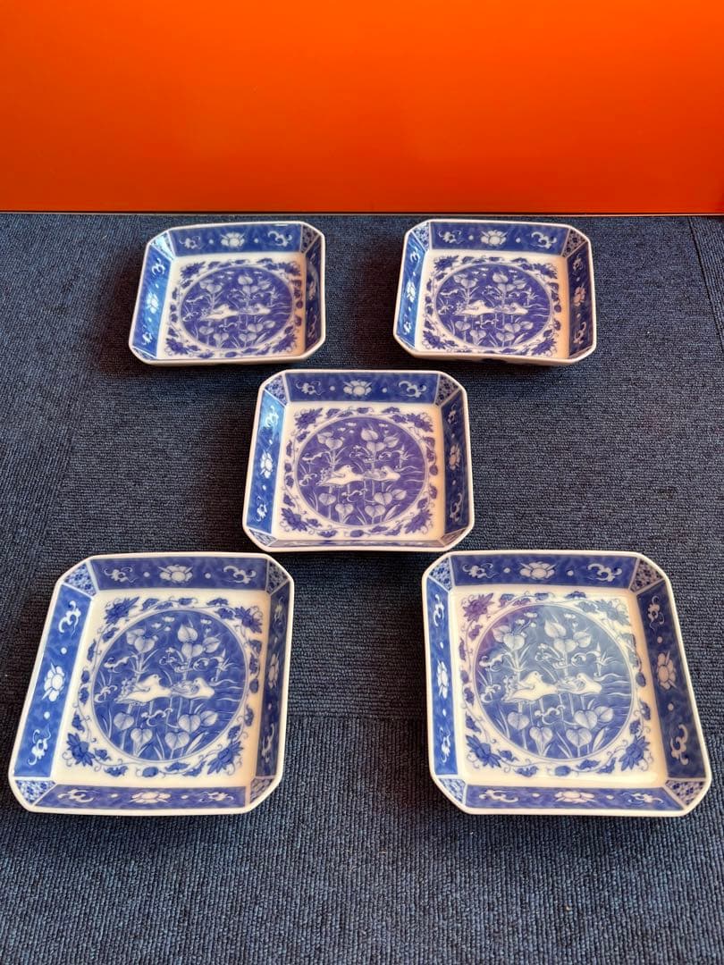 1039  深川製磁　時代物　角皿セット 染付オシドリ  5客　古美術品　未使用 36f042f5307564524a40dc829f2db3
