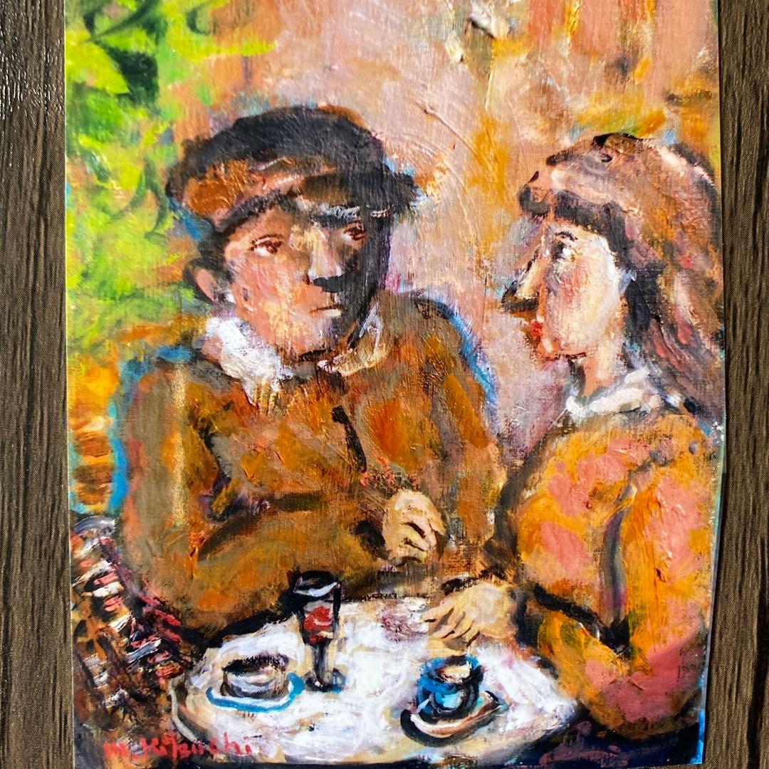 絵画　油彩画　油絵　原画　「カフェの二人」菊地正則　パリ　美品　額付き　送料無料 絵画 油彩画 油絵 F8 「2色のバラ」パリ 菊地正則 豪華 美品 額付き