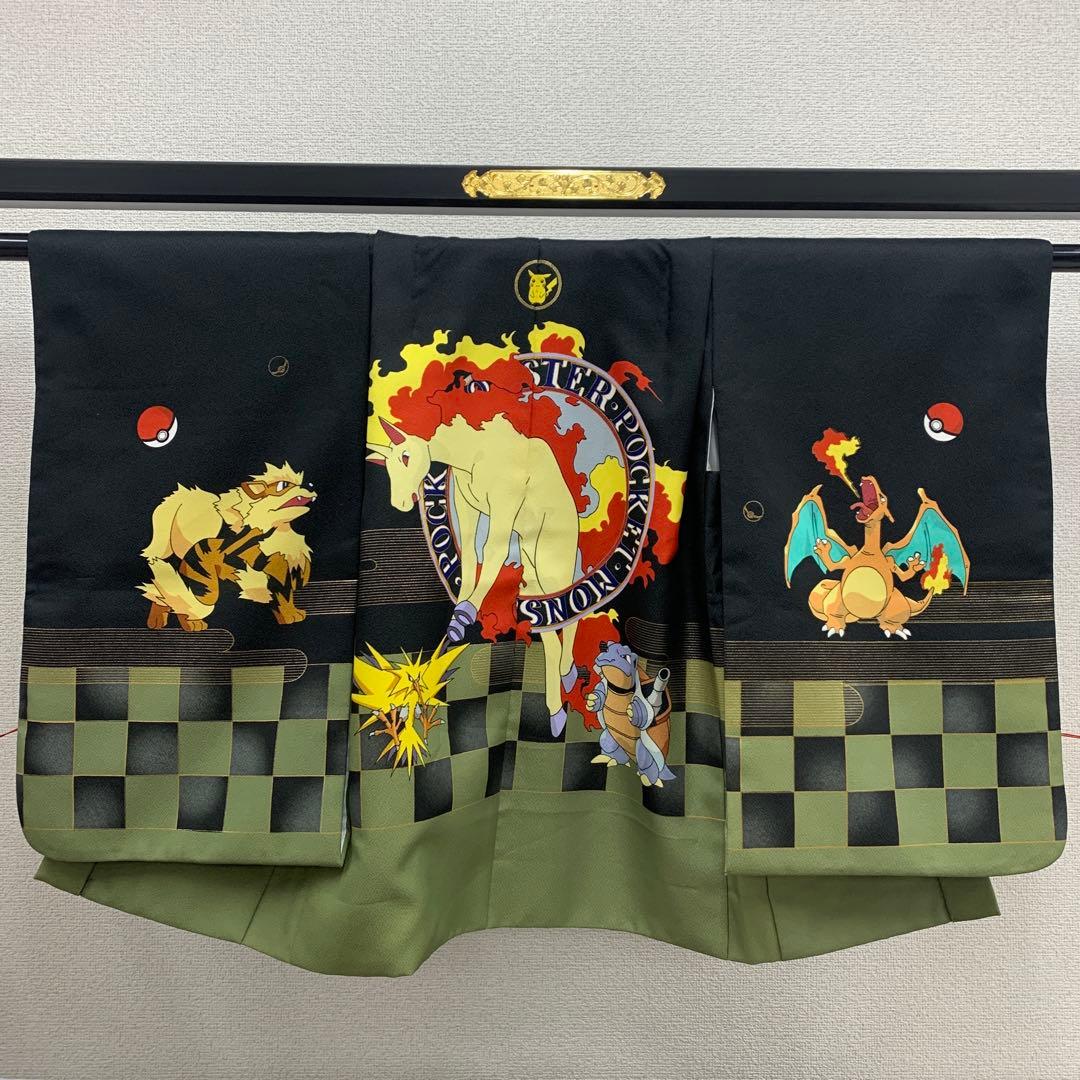 602abu21□七五三 五歳 着物&羽織 ポケモン 黒 無印 初期 市松□美品