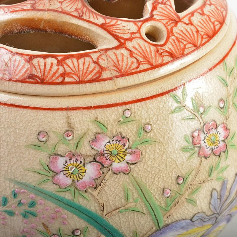 茶道具京焼三代東山深山造色絵四季草花文吊香炉共布共箱MR7382