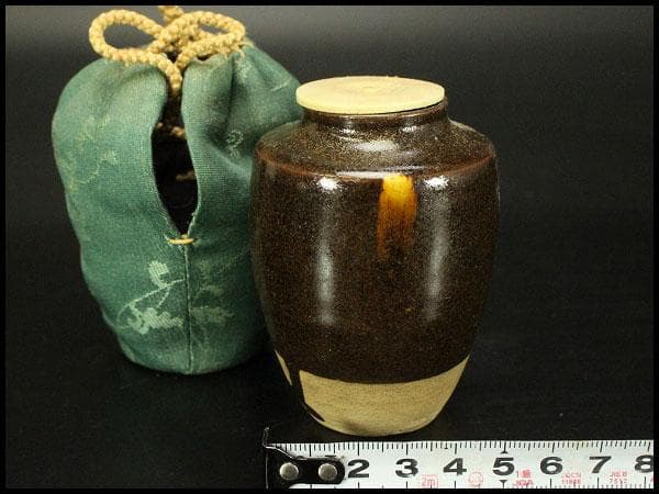江戸時代中期頃古丹波流れ釉茶壺黒漆時代蓋付大壺花入れ【端正な逸品！